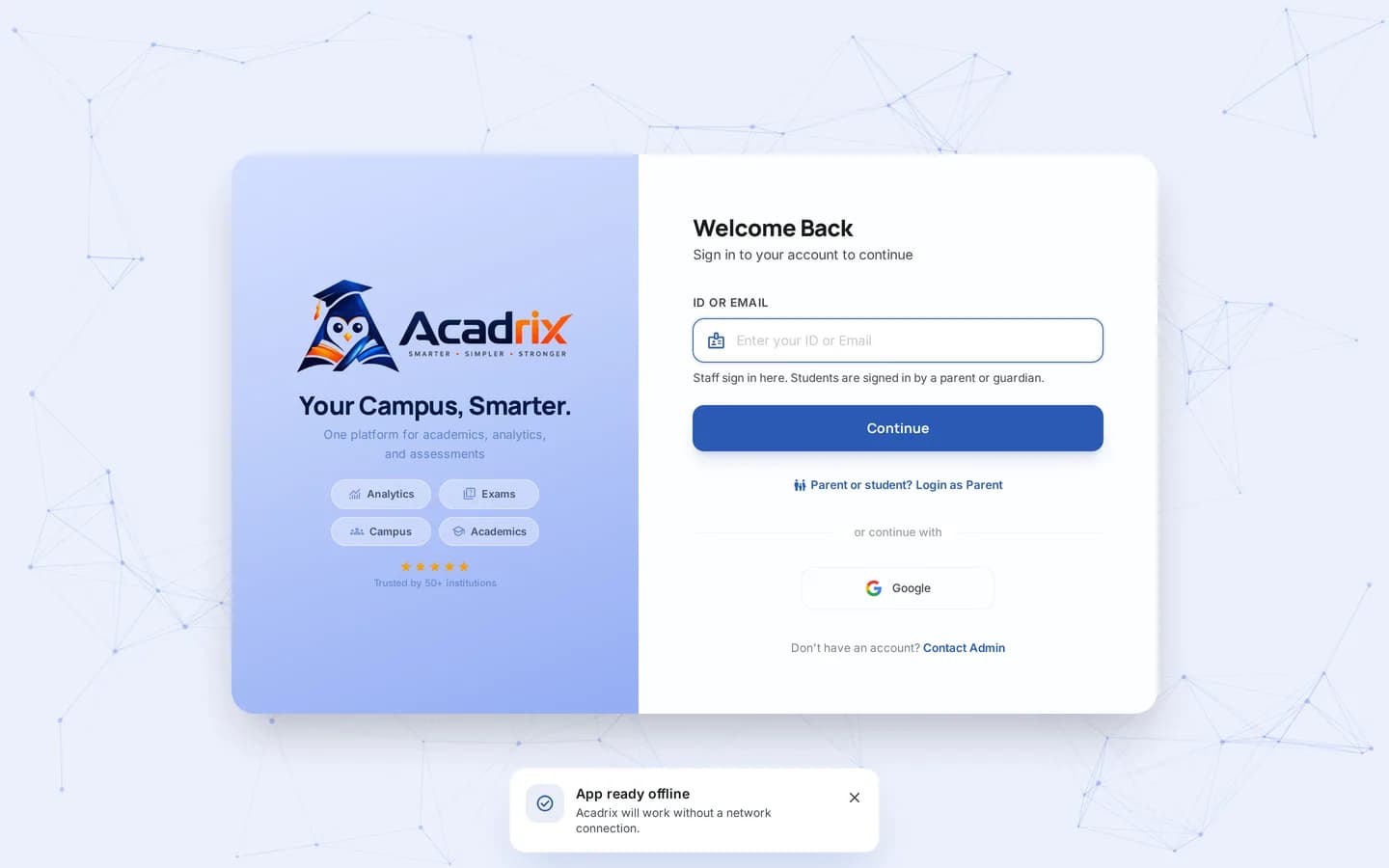 Screenshot of the Acadrix school management saas homepage