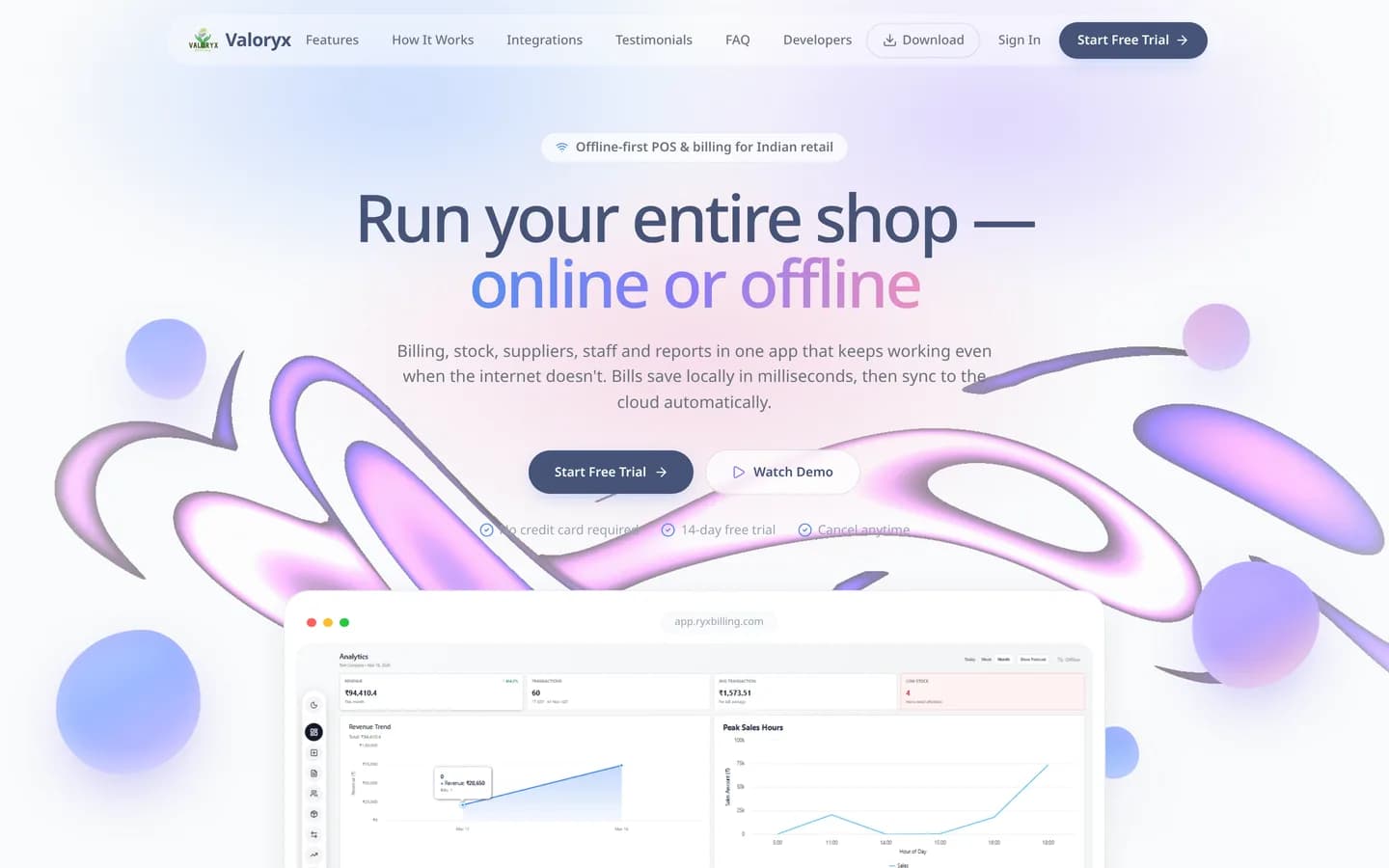 Screenshot of the Valoryx billing saas homepage